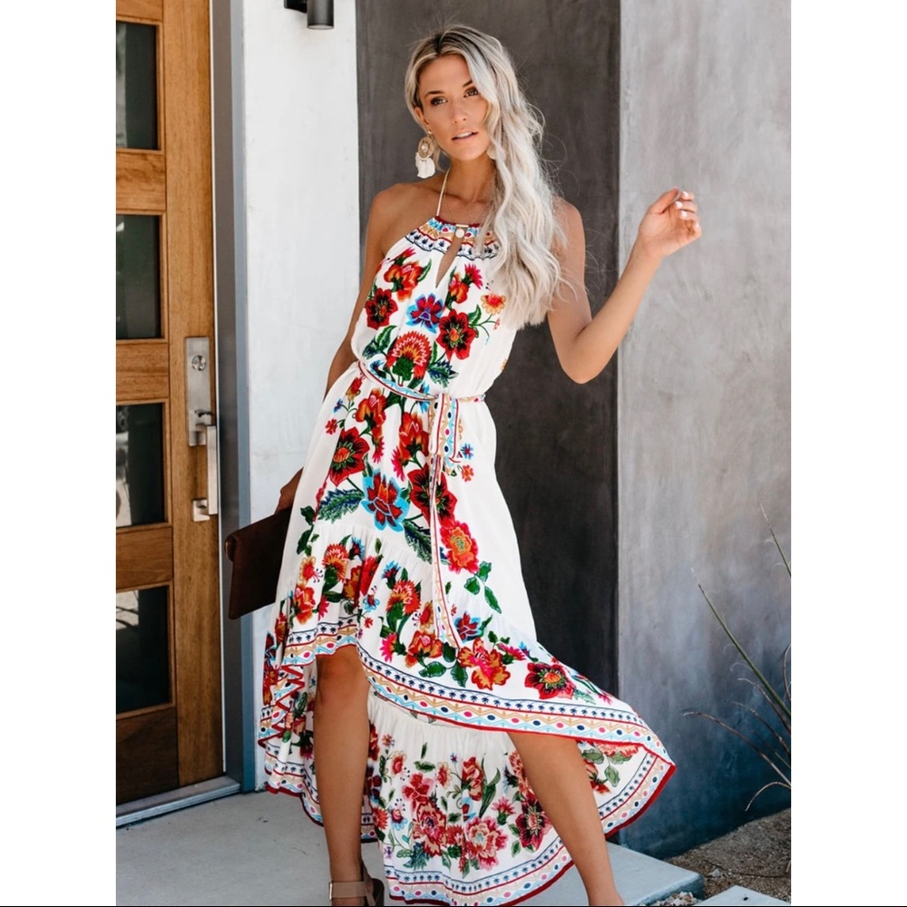 GRANADA FLORAL HIGH LOW HALTER DRESS
